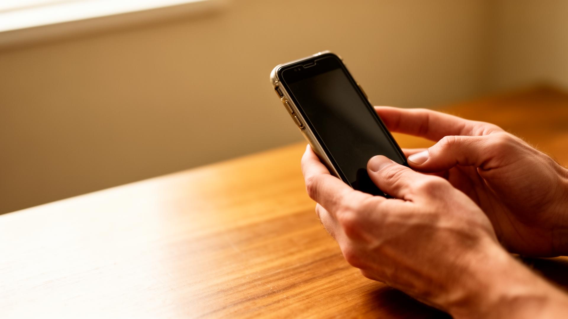 Close-up of hands holding an older smartphone in soft natural daylight