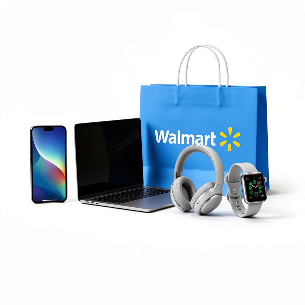 New phone, laptop, headphones, and a Walmart shopping bag
