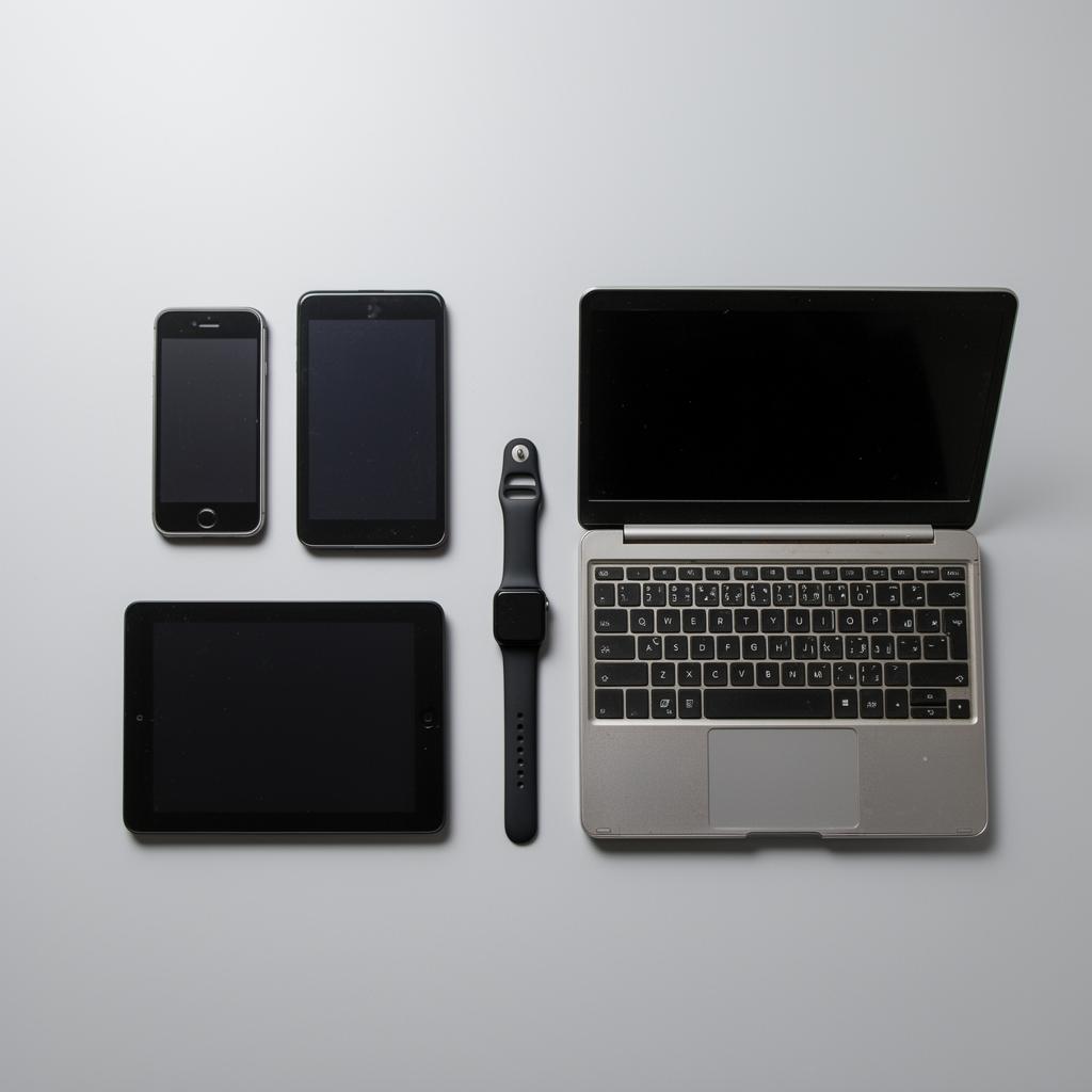 Old phone, tablet, smartwatch, and laptop on a clean surface